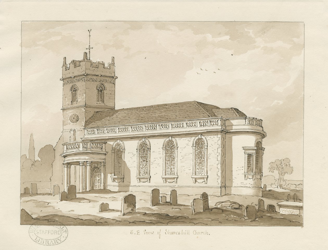 Igreja de Shareshill: desenho em sépia, 1837 de Thomas Peploe Wood