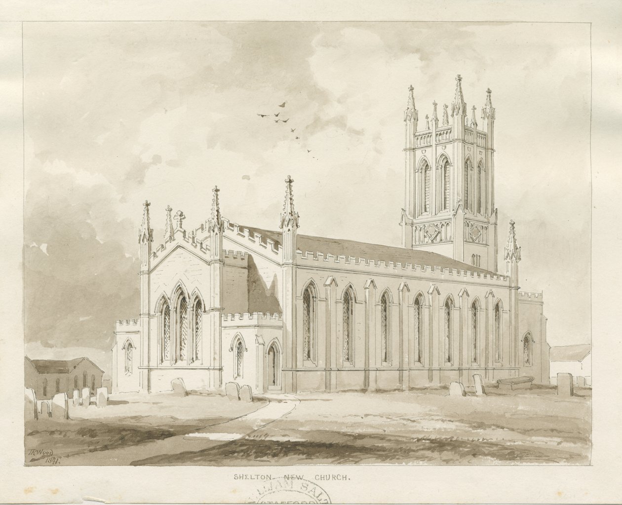 Igreja Shelton: desenho lavado em sépia de Thomas Peploe Wood