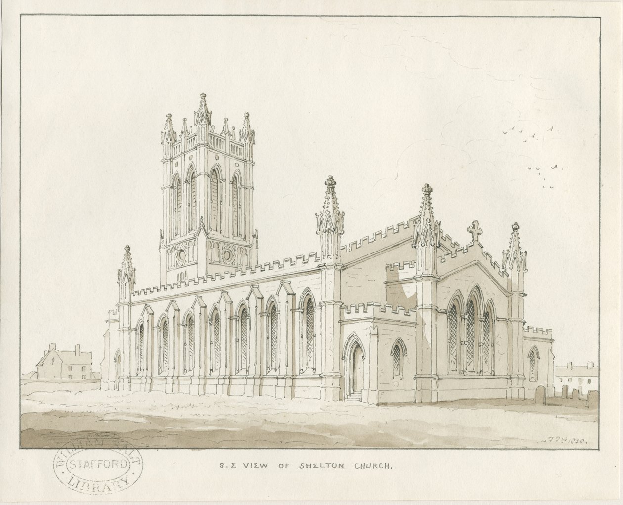 Igreja Shelton: desenho lavado em sépia de Thomas Peploe Wood