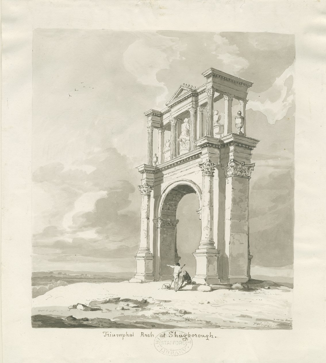 Shugborough - Arco do Triunfo: desenho em sépia, 1836 de Thomas Peploe Wood