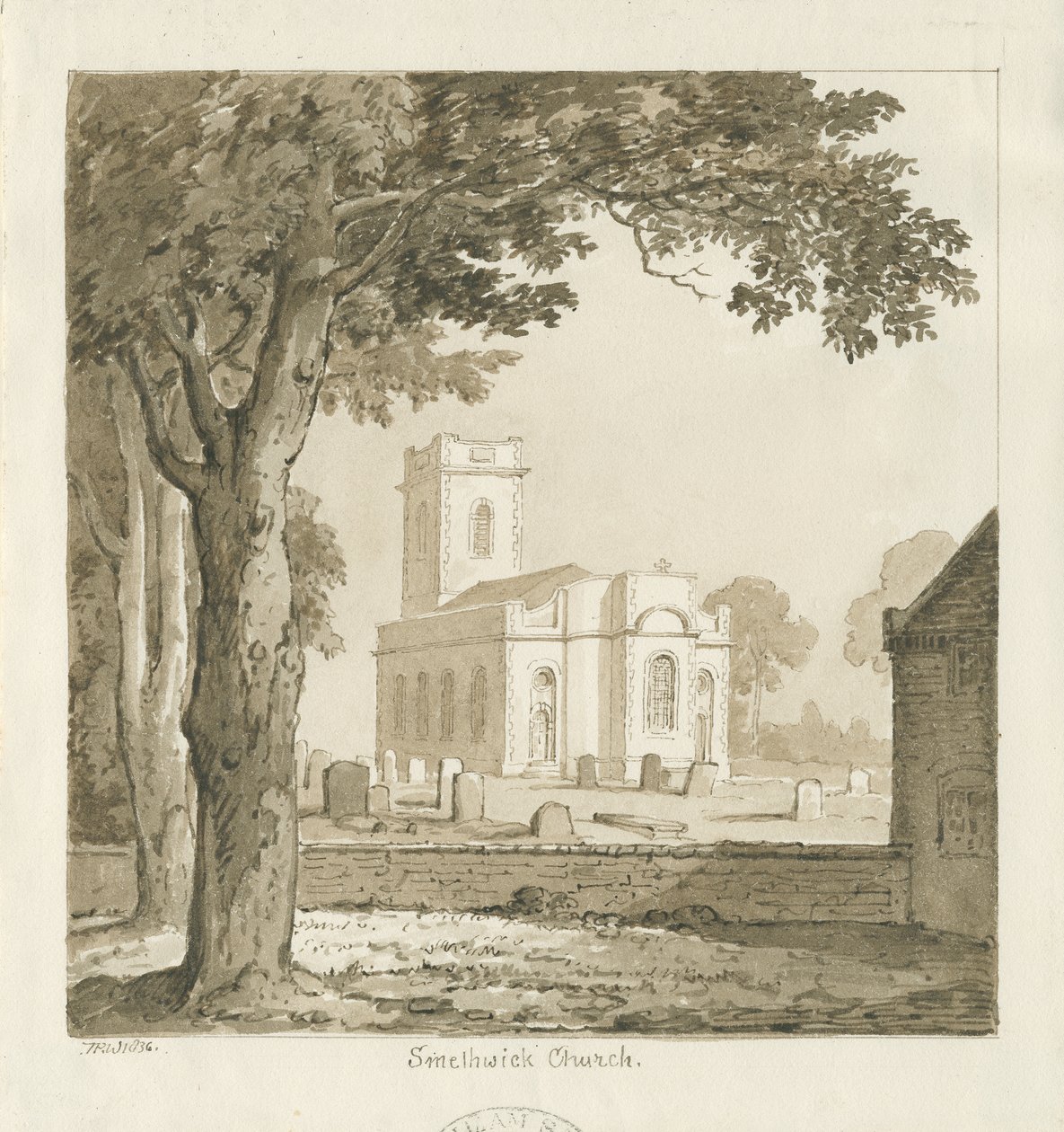 Igreja de Smethwick: desenho em sépia, 1836 de Thomas Peploe Wood