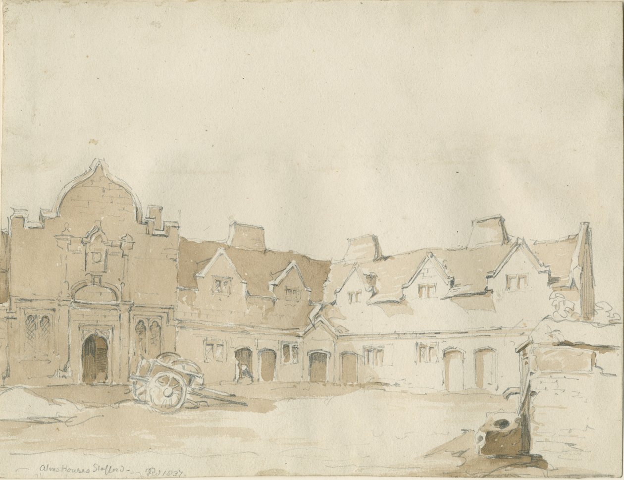Stafford - Alms Houses: desenho a caneta, 1837 de Thomas Peploe Wood