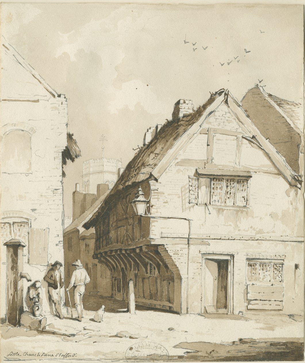 Stafford - Little Church Lane: desenho em sépia, sd [c 1837] de Thomas Peploe Wood