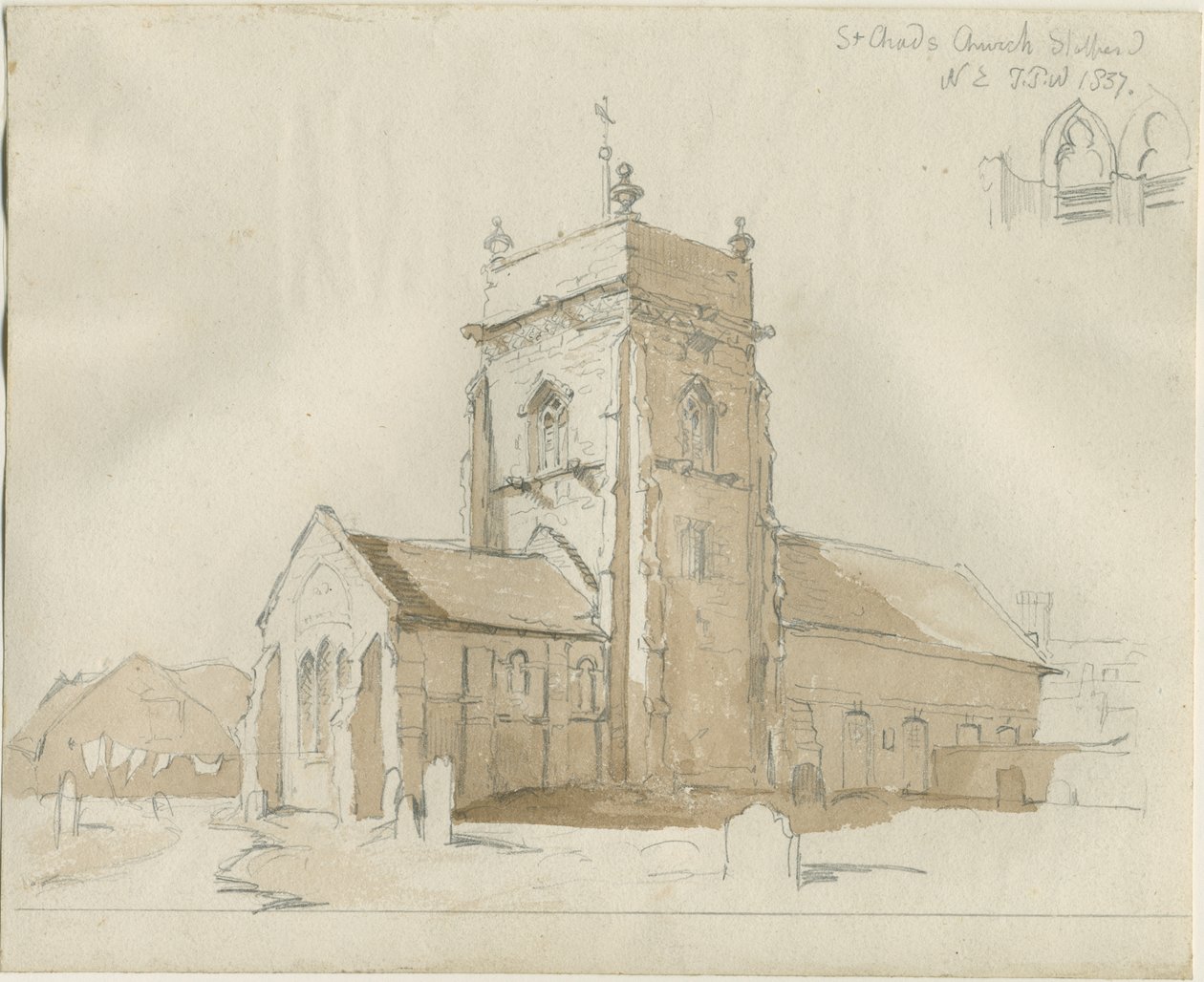 Stafford - Igreja de São Chade: desenho a caneta e lavagem de Thomas Peploe Wood