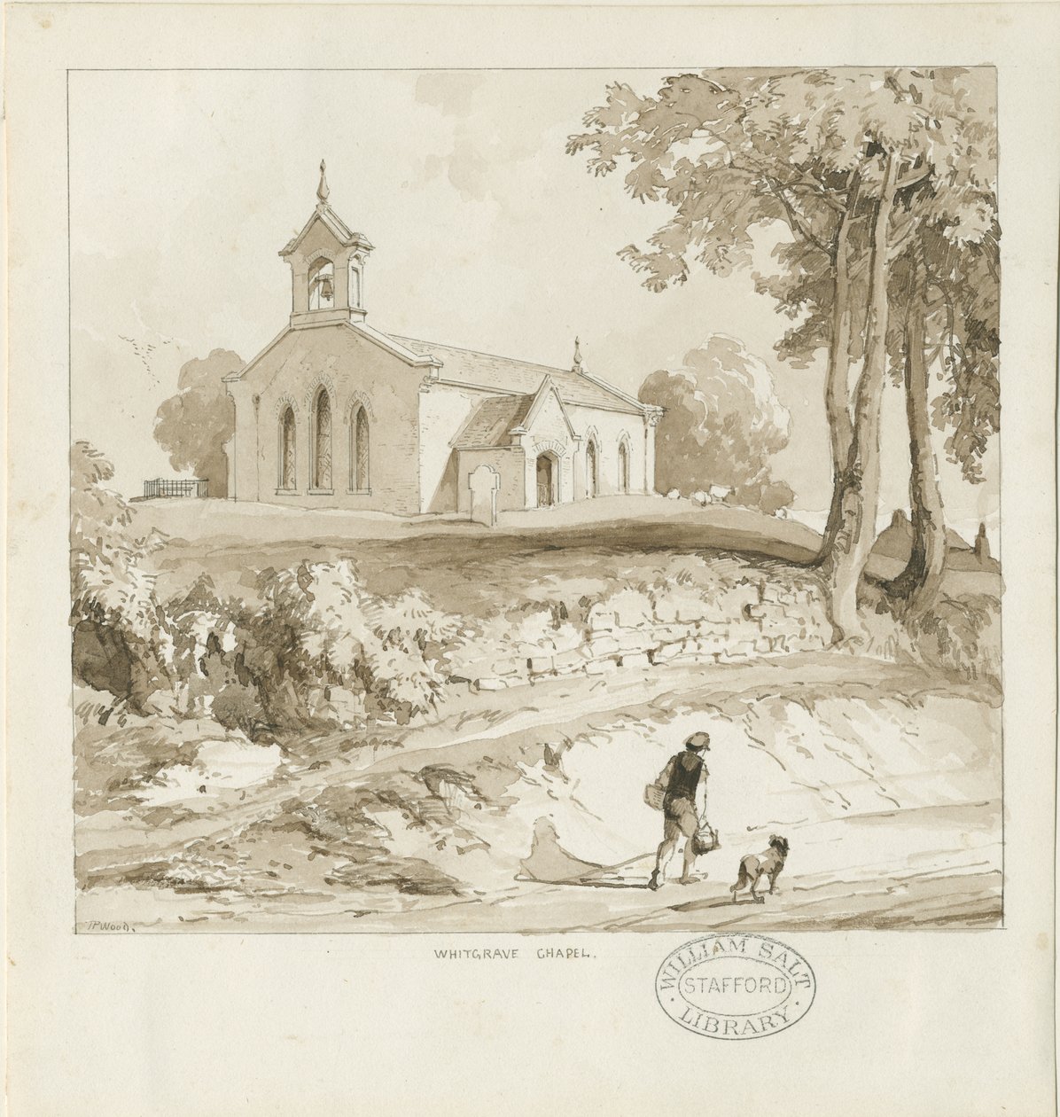 Stafford - Capela de Whitgreave: desenho em sépia, nd [c 1838] (desenho) de Thomas Peploe Wood