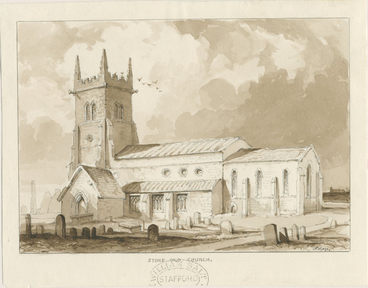 Igreja de Stoke-upon-Trent [Antiga]: desenho em sépia, 1841 de Thomas Peploe Wood