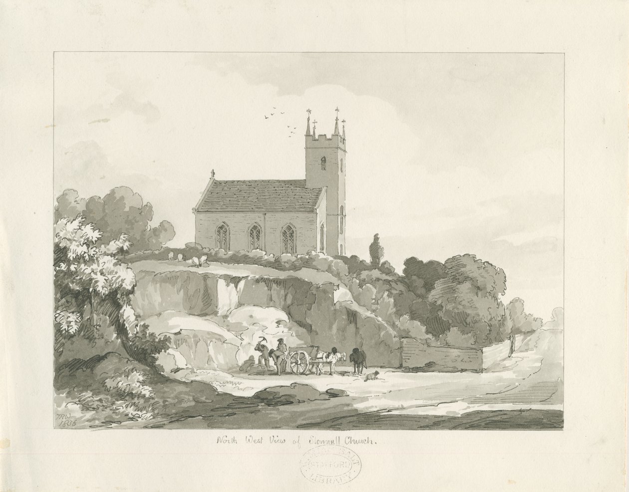 Stonnall Church: desenho a caneta e lavagem de Thomas Peploe Wood