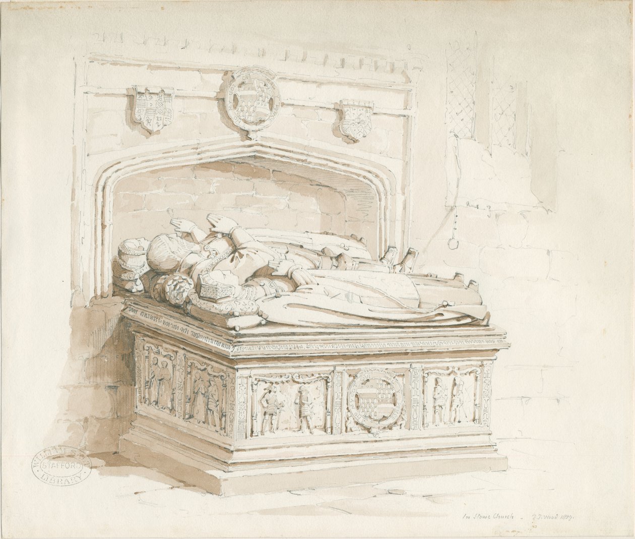 Igreja Stowe - Tumba de mesa [de Sir Walter Devereux]: desenho em sépia de Thomas Peploe Wood