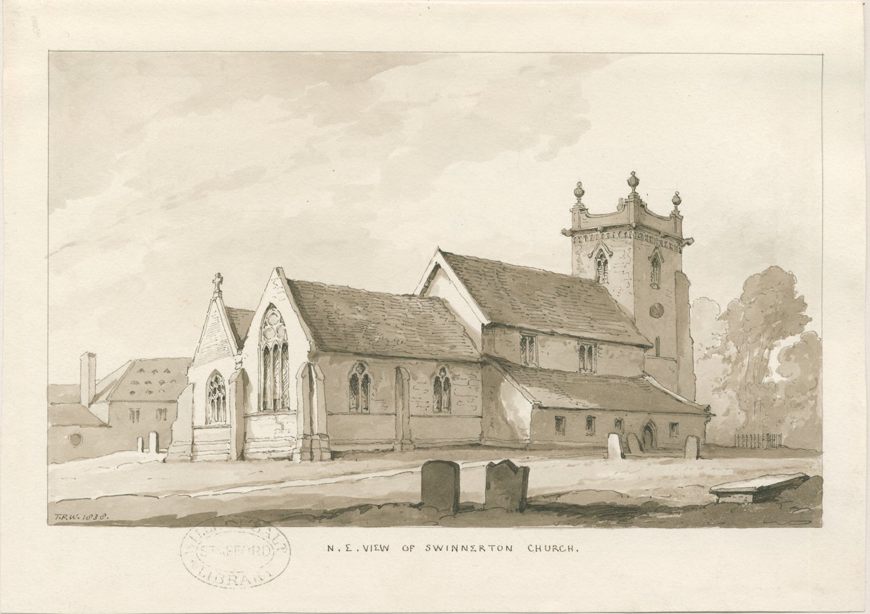 Igreja de Swynnerton: desenho em sépia, 1838 de Thomas Peploe Wood