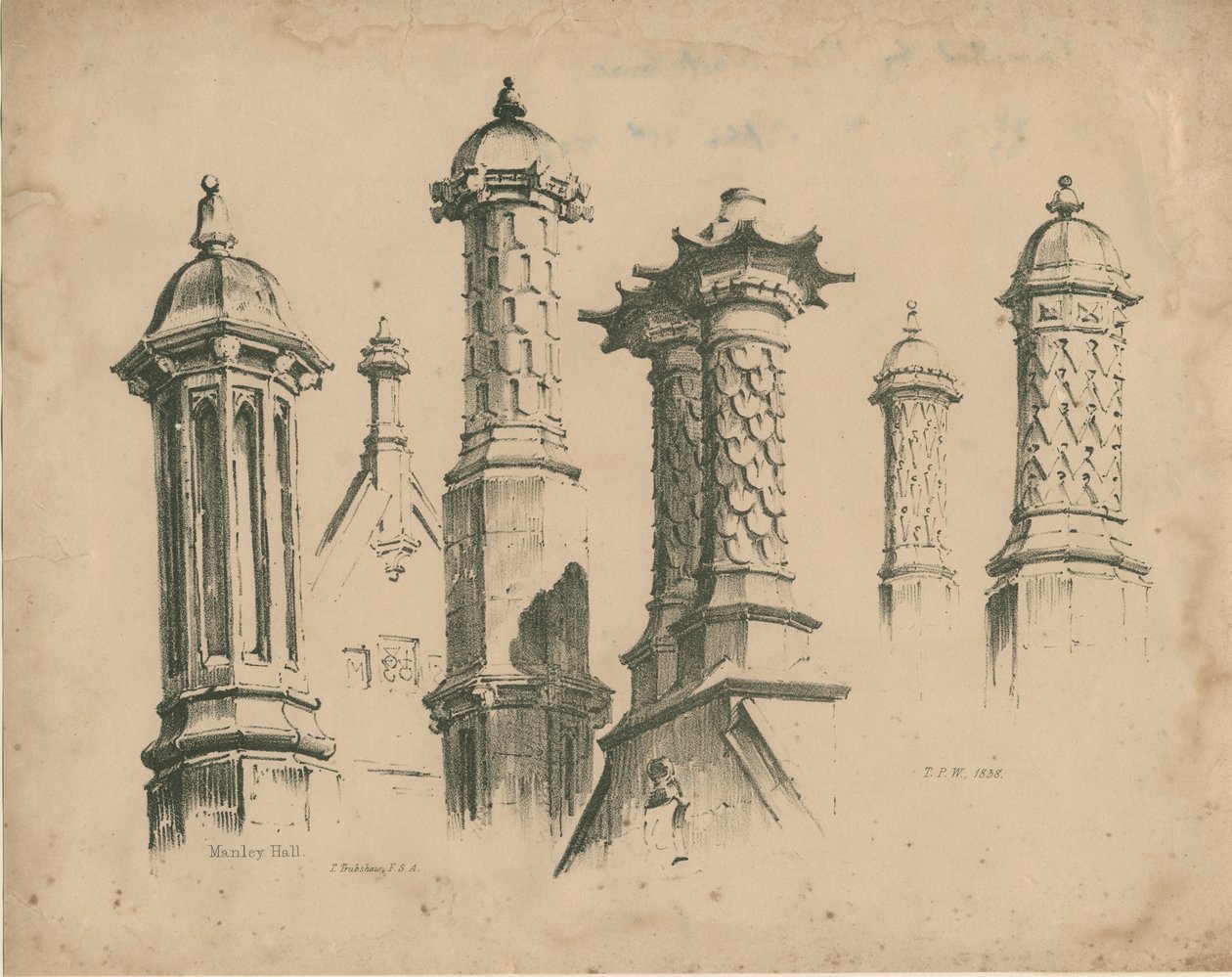 Salão de Vassouras Grossas ["Manley Hall"] - Finials and Chaminés: litografia, 1838 de Thomas Peploe Wood