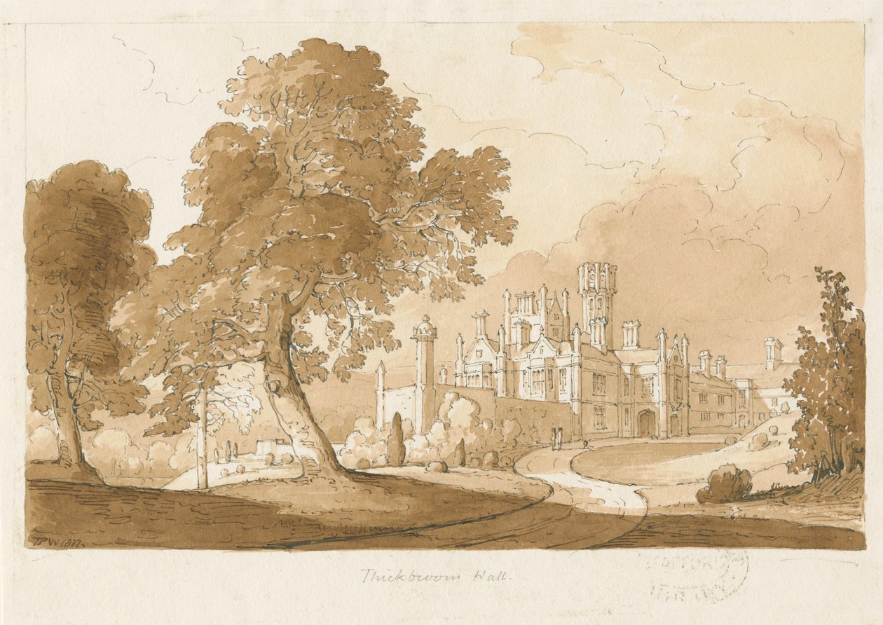 "Thickbroom Hall" [Manley Hall]: desenho em sépia, 1837 de Thomas Peploe Wood