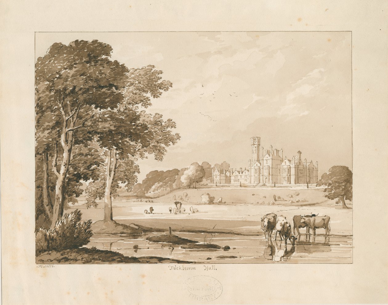 "Thickbroom Hall" [Manley Hall]: desenho em sépia, 1837 de Thomas Peploe Wood