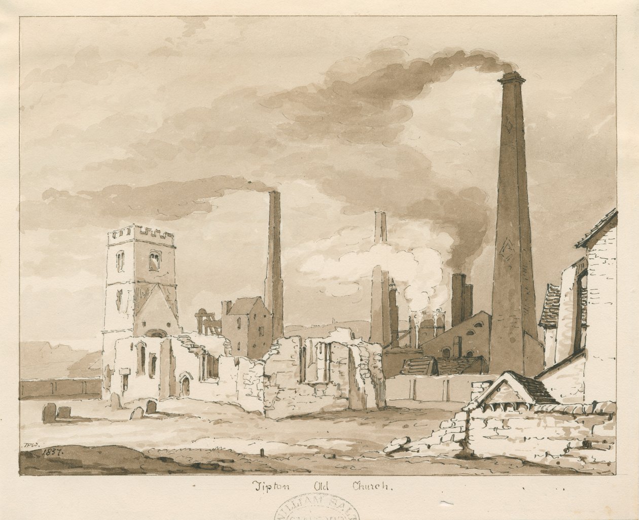 Tipton Old Church: desenho em sépia, 1837 de Thomas Peploe Wood
