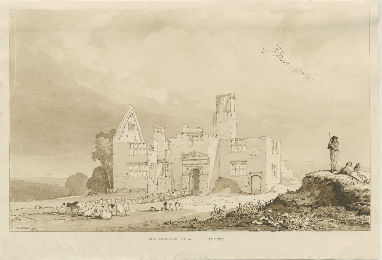 Tittensor - Antiga Mansão: desenho em sépia, 1837 de Thomas Peploe Wood