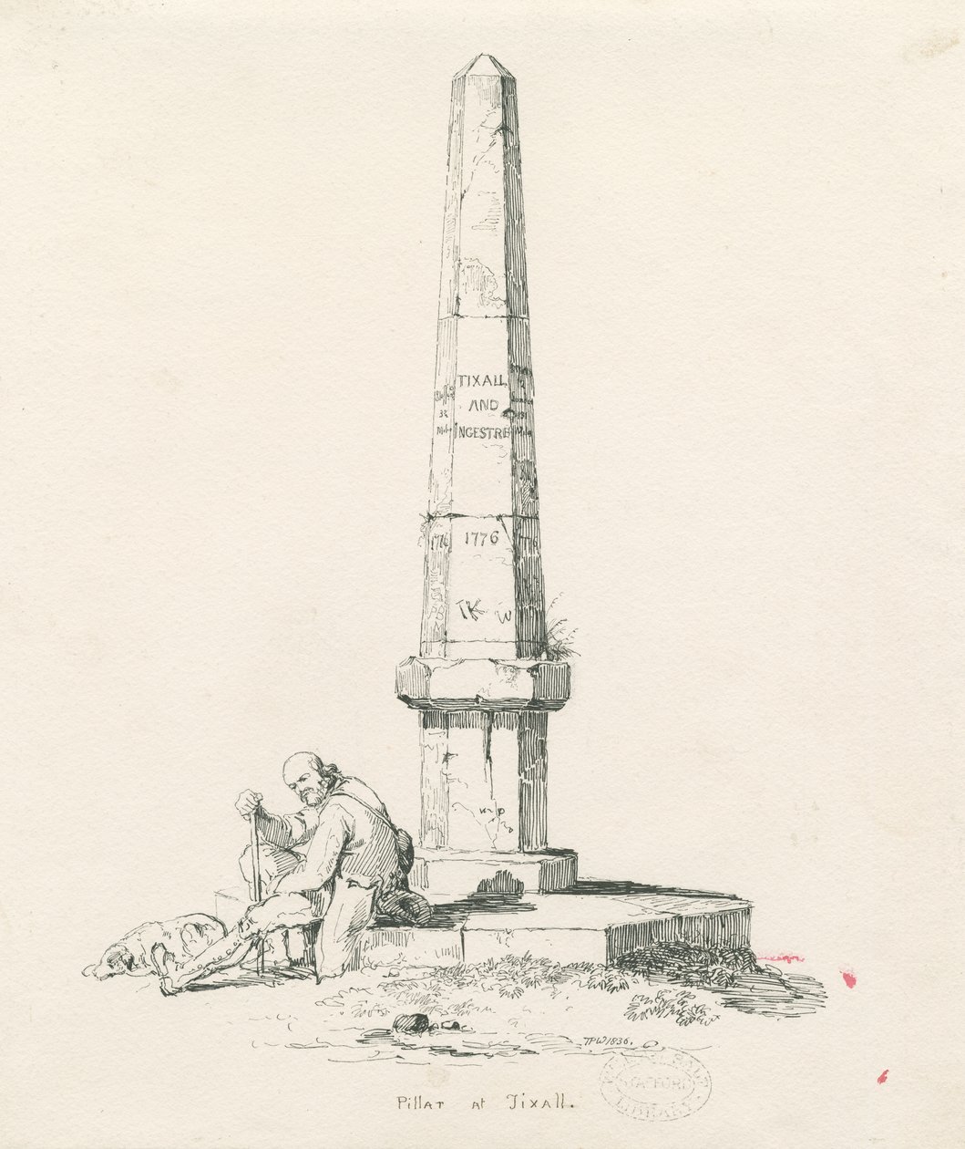 Tixall - Pilar mostrando distâncias em milhas: desenho a caneta e tinta de Thomas Peploe Wood