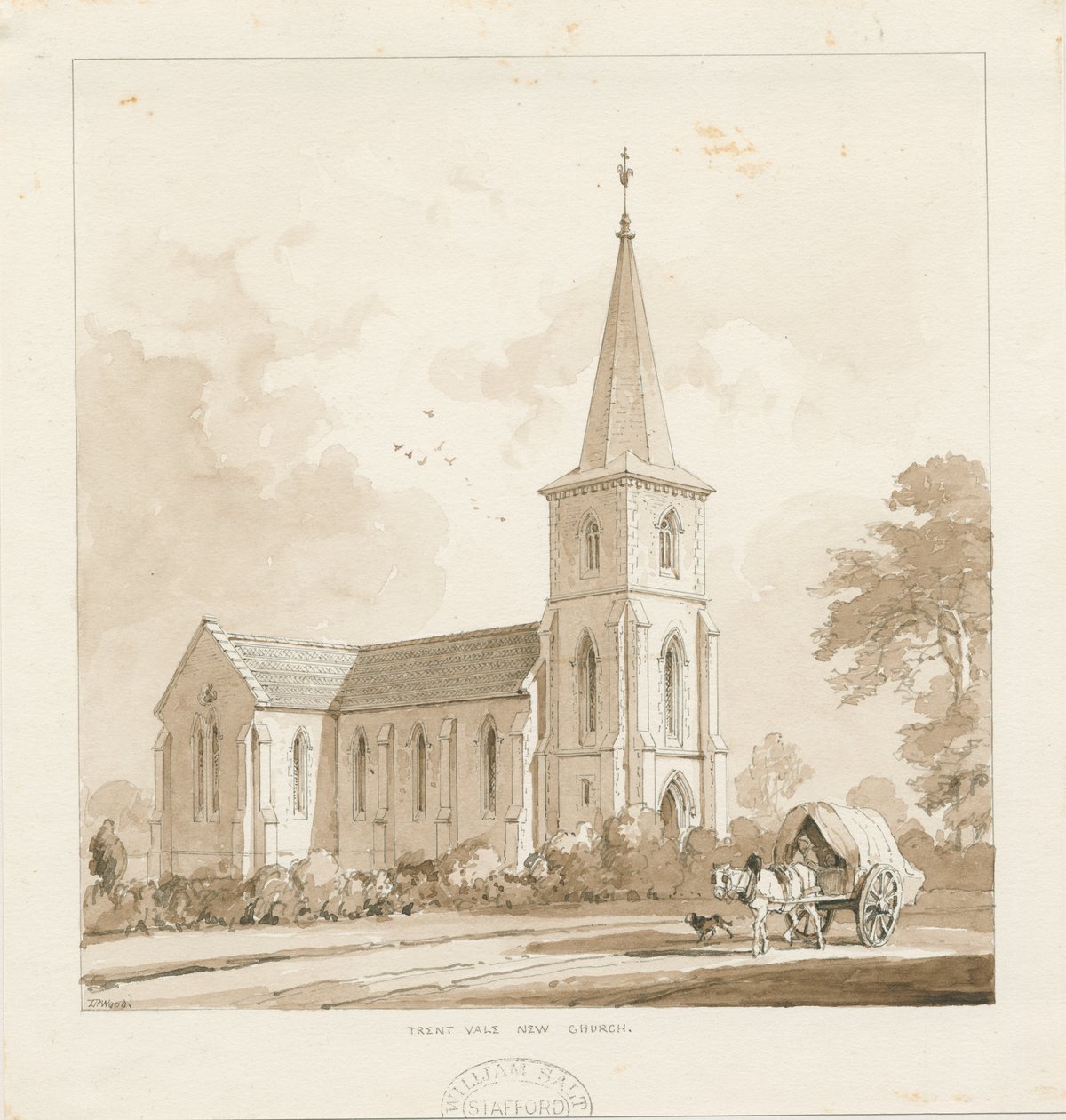 Trentham - &39;Trent Vale New Church&39;: desenho sépia, sd [1842, cf Wood Portfolio 148]] (desenho) de Thomas Peploe Wood