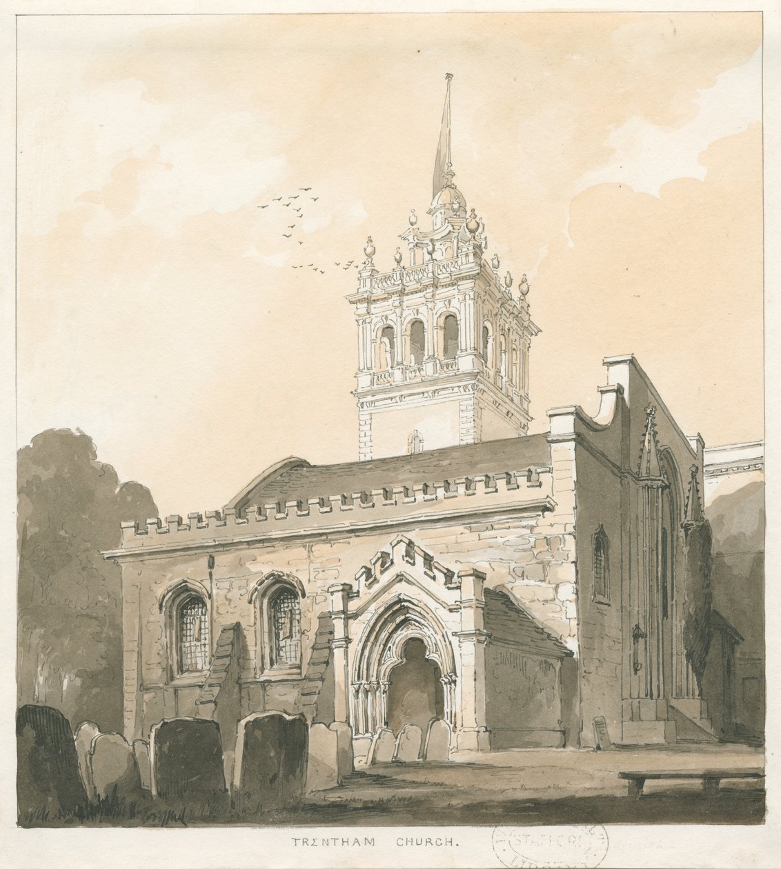 Igreja de Trentham: desenho em sépia e amarelo lavado, nd [ 1838] de Thomas Peploe Wood