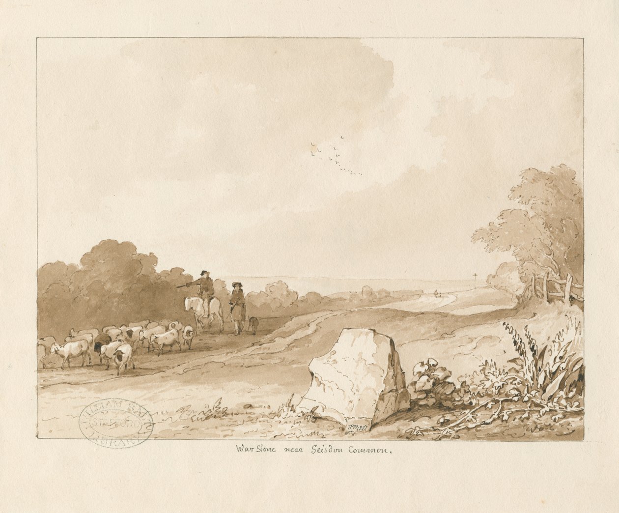 Trysull - "Pedra de Guerra perto de Seisdon Common": desenho de lavagem com caneta e sépia, 1837 de Thomas Peploe Wood