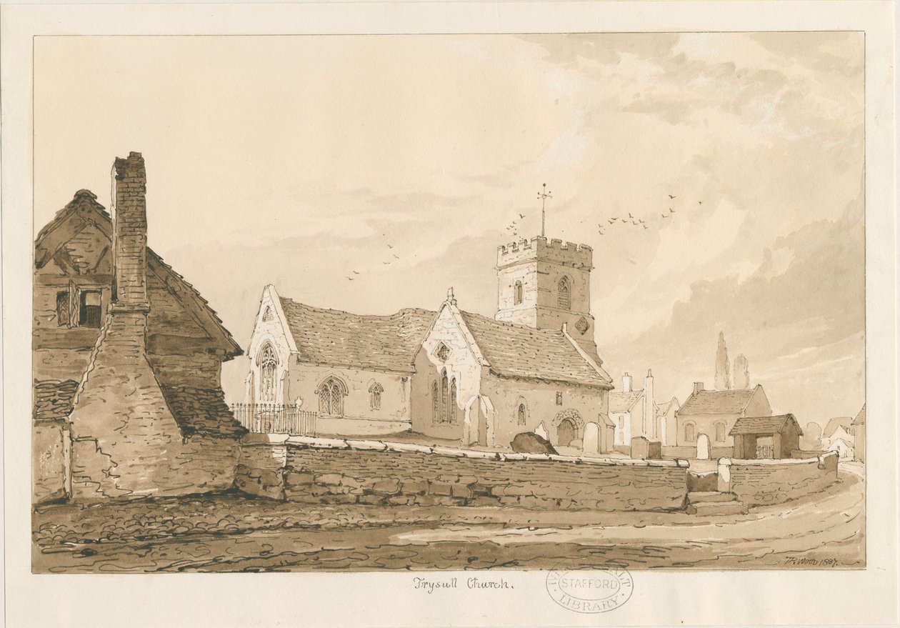 Igreja Trysull: desenho a caneta e sépia de Thomas Peploe Wood