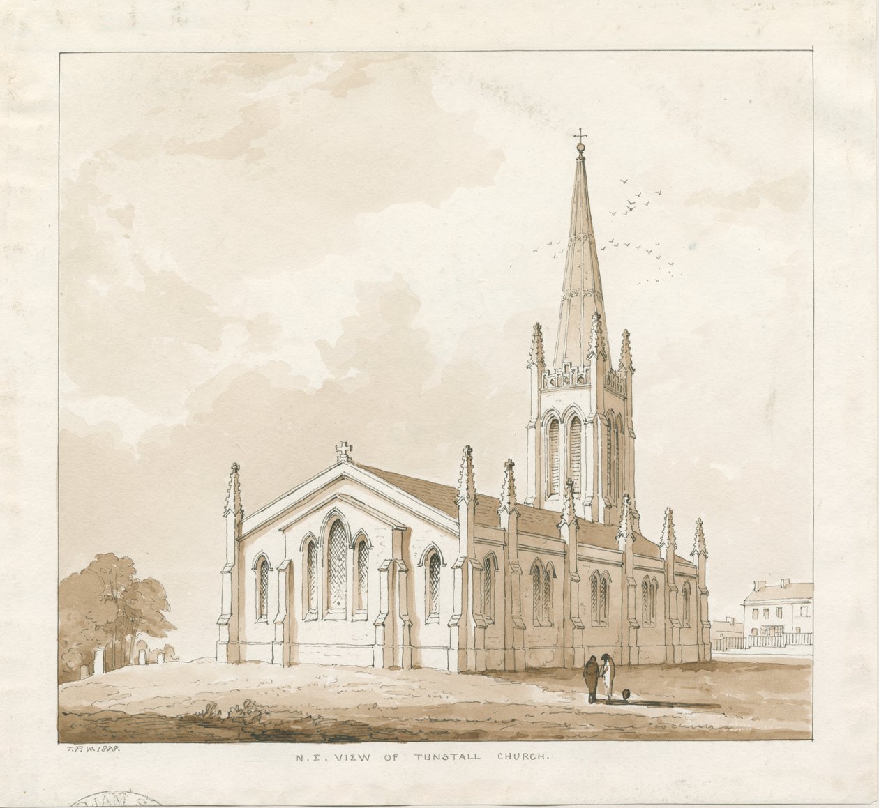 Tunstall Church: desenho de caneta e lavagem, 1838 de Thomas Peploe Wood