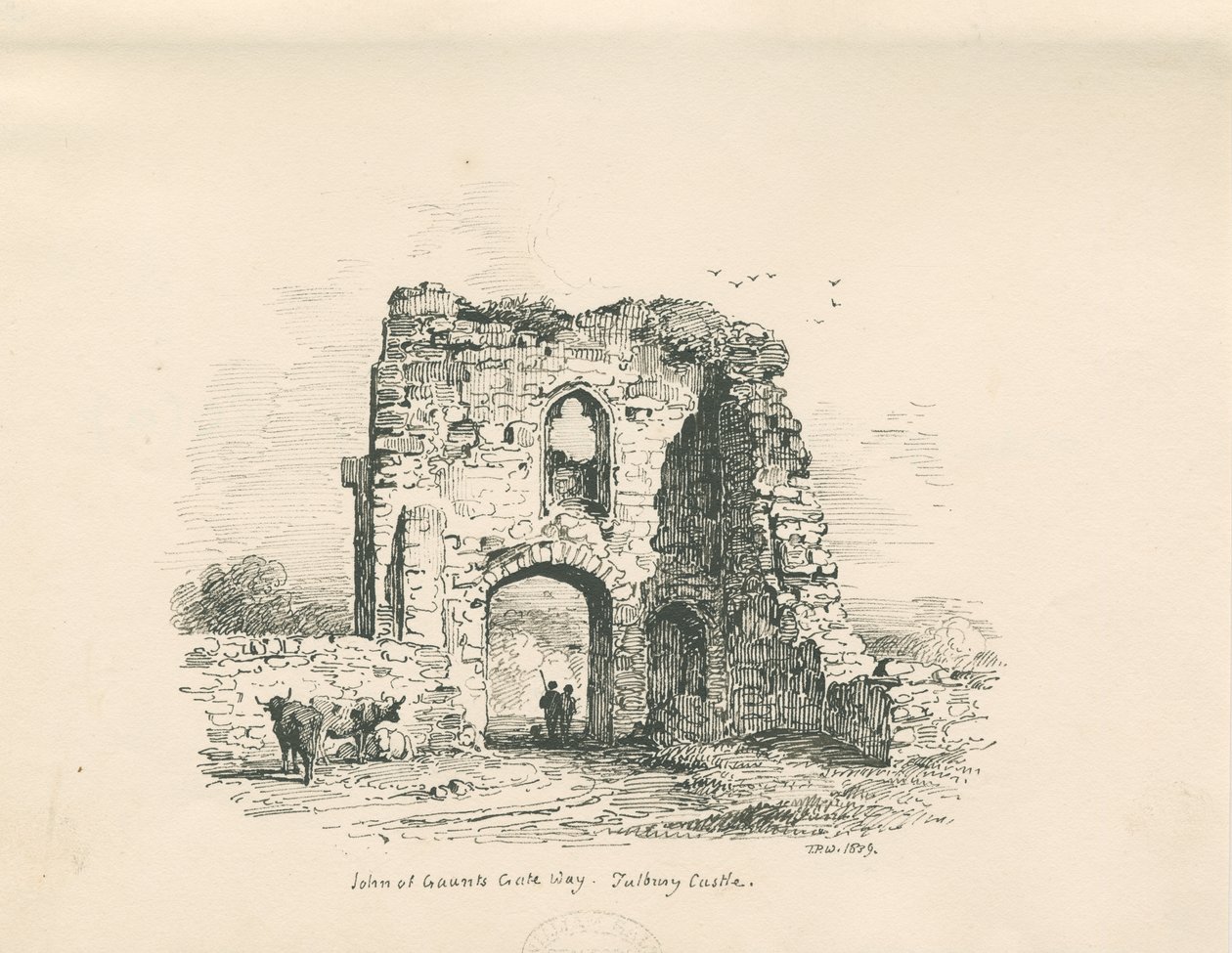 Castelo de Tutbury - John of Gaunt "s Gateway: desenho a caneta e tinta, 1839 de Thomas Peploe Wood