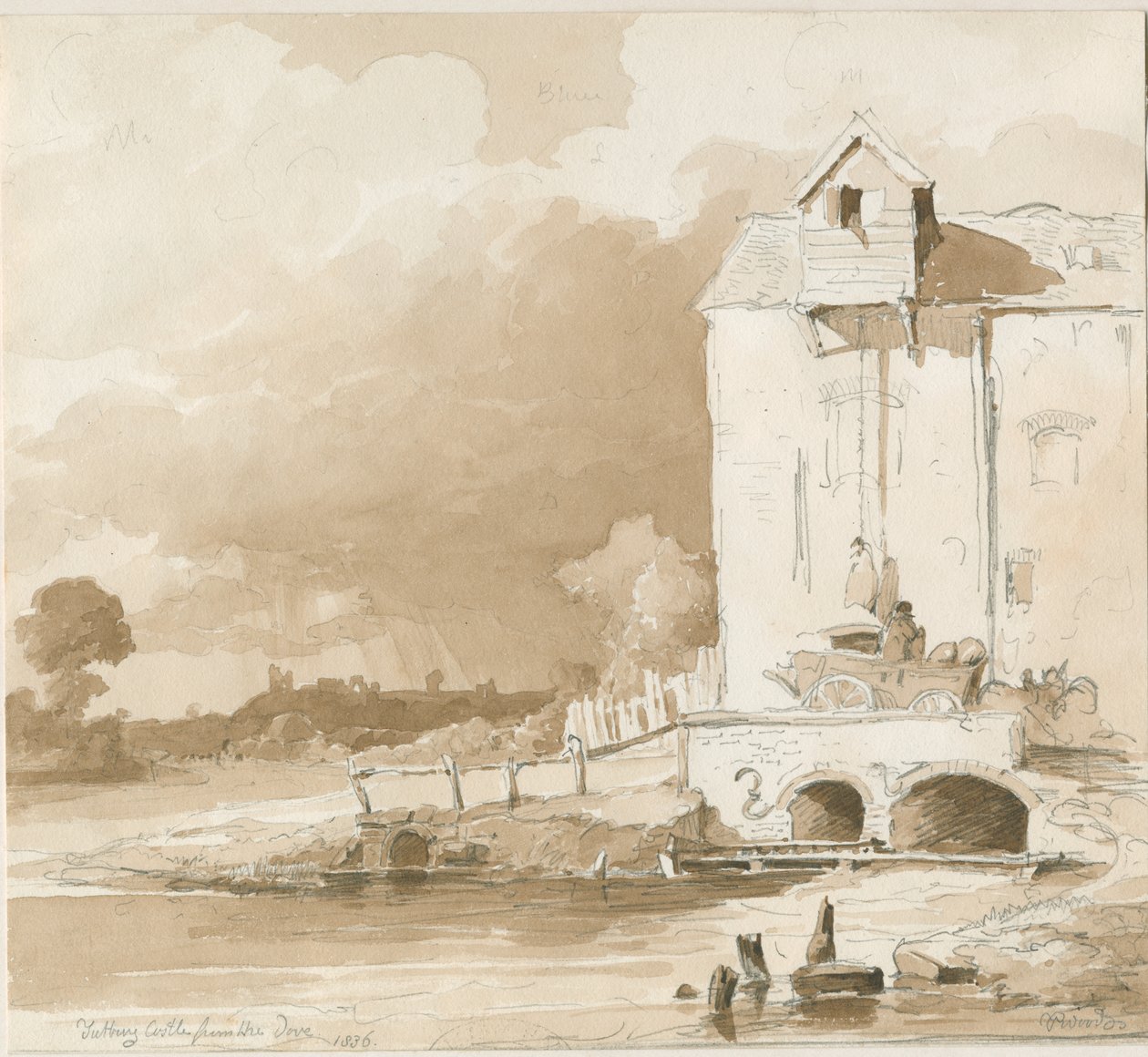 Castelo de Tutbury: vista distante do rio Dove: desenho a lápis e aguada, 1836 de Thomas Peploe Wood