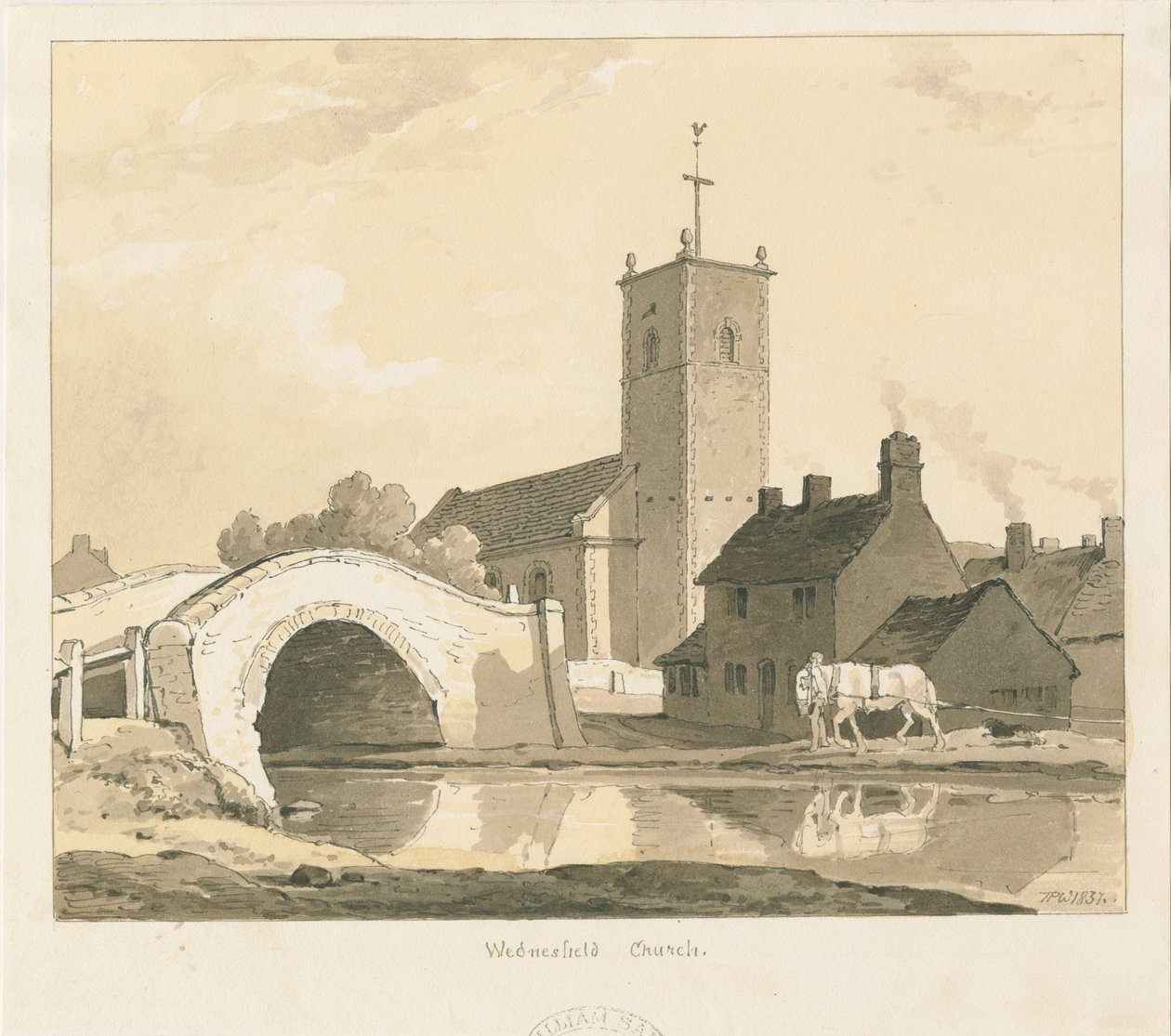 Igreja e ponte de Wednesfield: desenho em sépia, 1837 de Thomas Peploe Wood