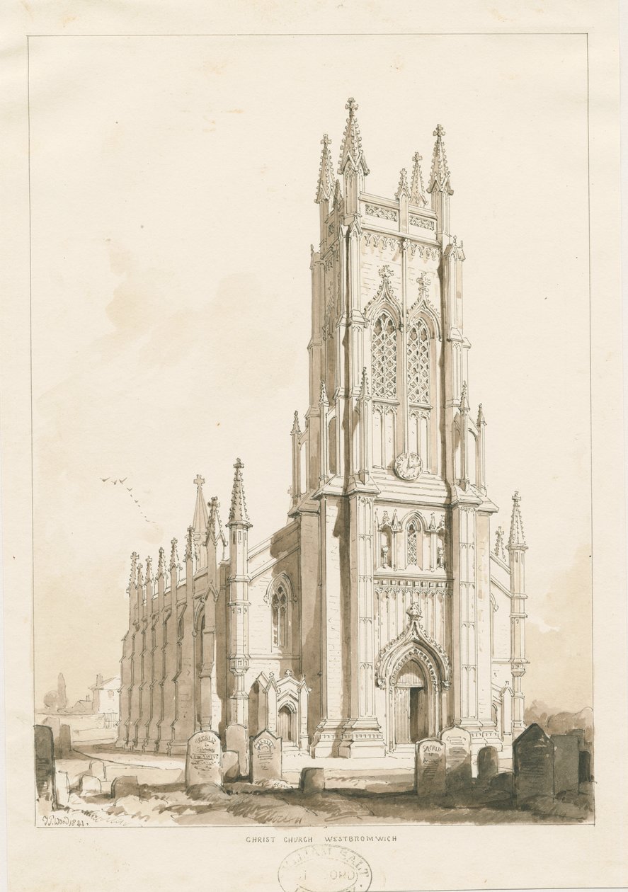West Bromwich Church - &39;Christ Church&39;: desenho em sépia de Thomas Peploe Wood