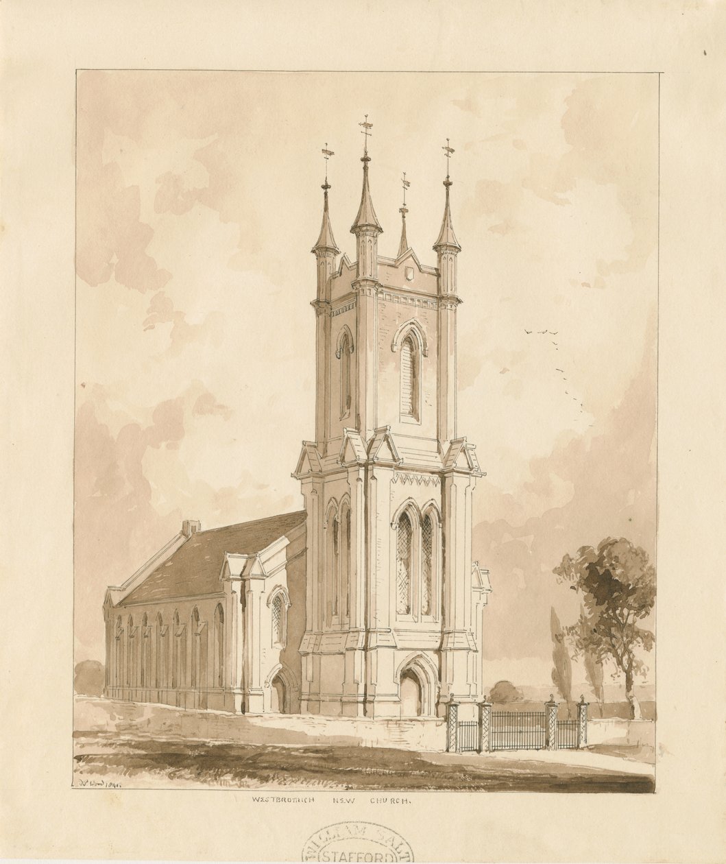 West Bromwich Church [Nova]: desenho em sépia de Thomas Peploe Wood