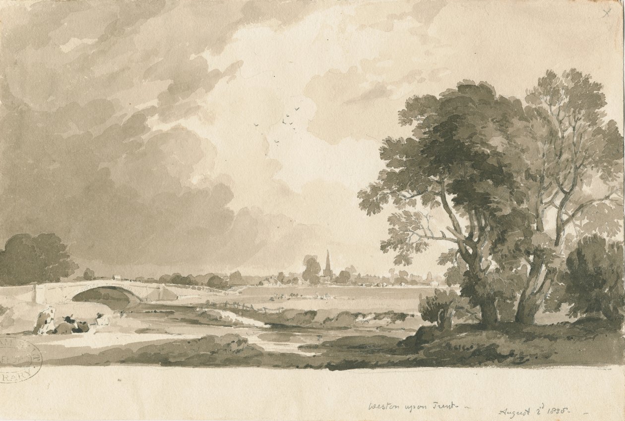 Weston-on-Trent - Vista distante: desenho em sépia e lápis, 2 de agosto de 1838 de Thomas Peploe Wood