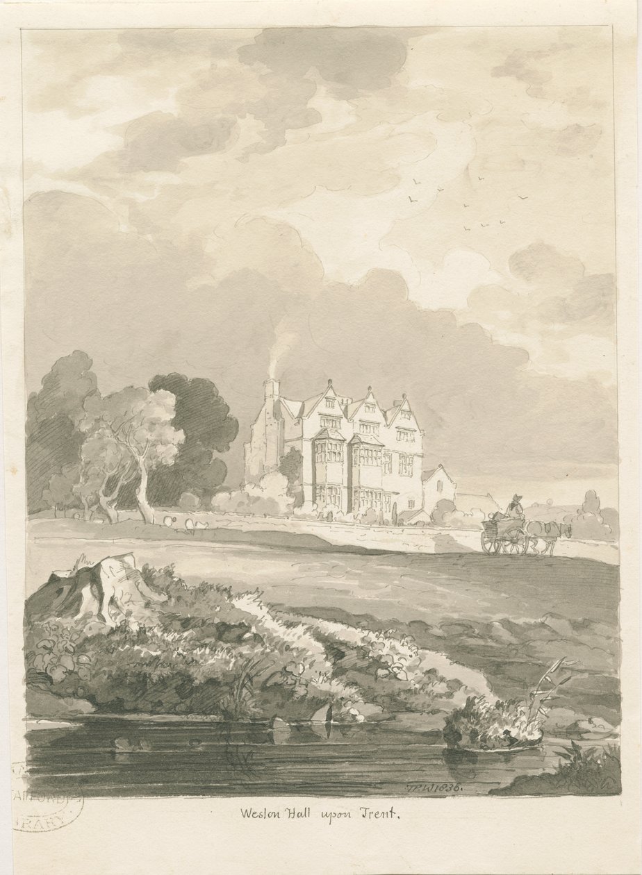 Weston-on-Trent - Hall: desenho sépia de Thomas Peploe Wood