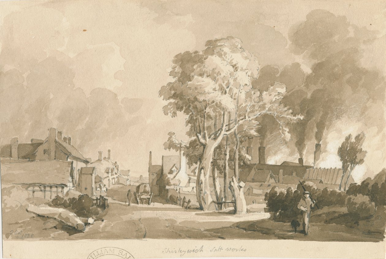 Weston-on-Trent - Salinas de Shirleywich: desenho em lavagem sépia, 1838 de Thomas Peploe Wood