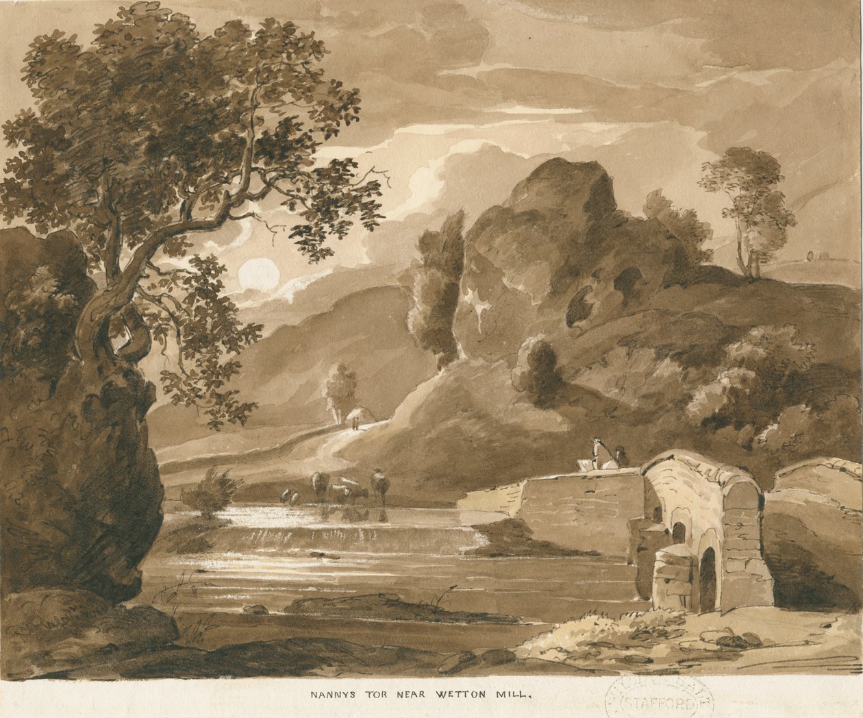 Wetton Mill - &39;Nanny&39;s Tor&39;: desenho em sépia, nd [ 1838] (desenho) de Thomas Peploe Wood