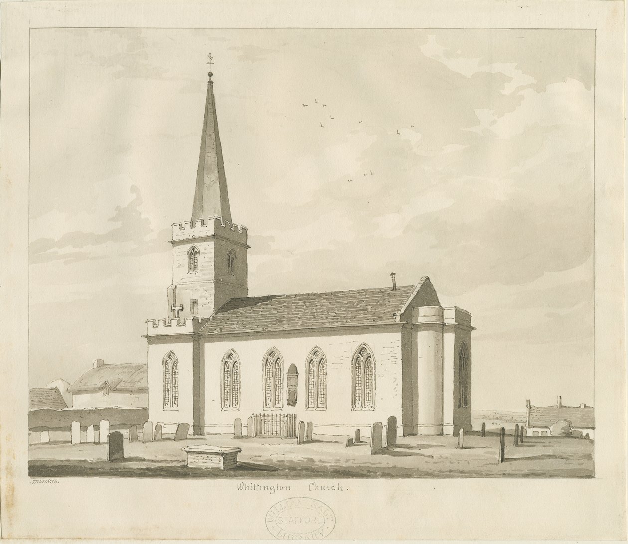 Igreja de Whittington: desenho em sépia de Thomas Peploe Wood