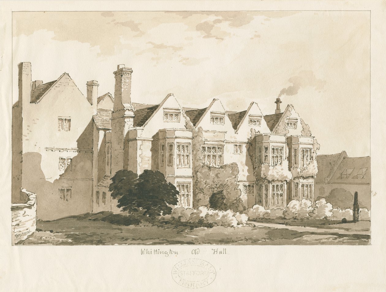 Whittington Hall: desenho a caneta e lavagem, 1836 de Thomas Peploe Wood