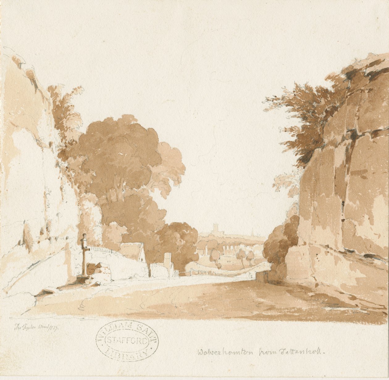 Wolverhampton - vista distante de Tettenhall: desenho em sépia, 1837 de Thomas Peploe Wood