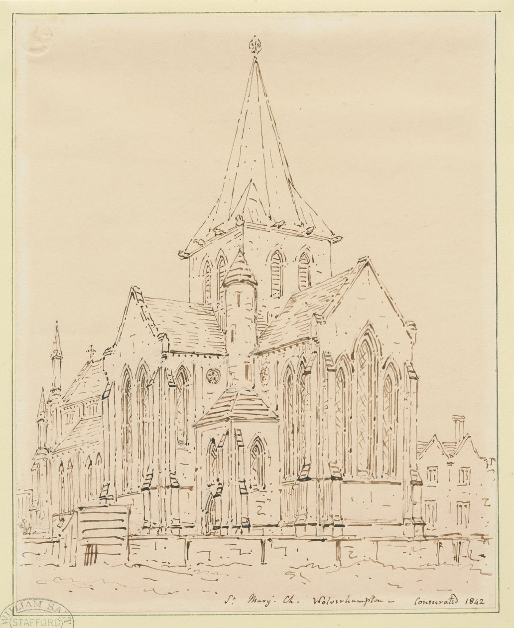 Wolverhampton - Igreja de Santa Maria: desenho a caneta, sd [ Meados do século XIX] de Thomas Peploe Wood