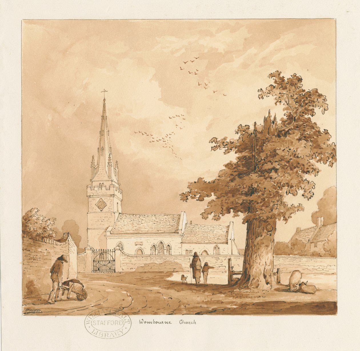 Igreja de Wombourne: desenho em sépia de Thomas Peploe Wood
