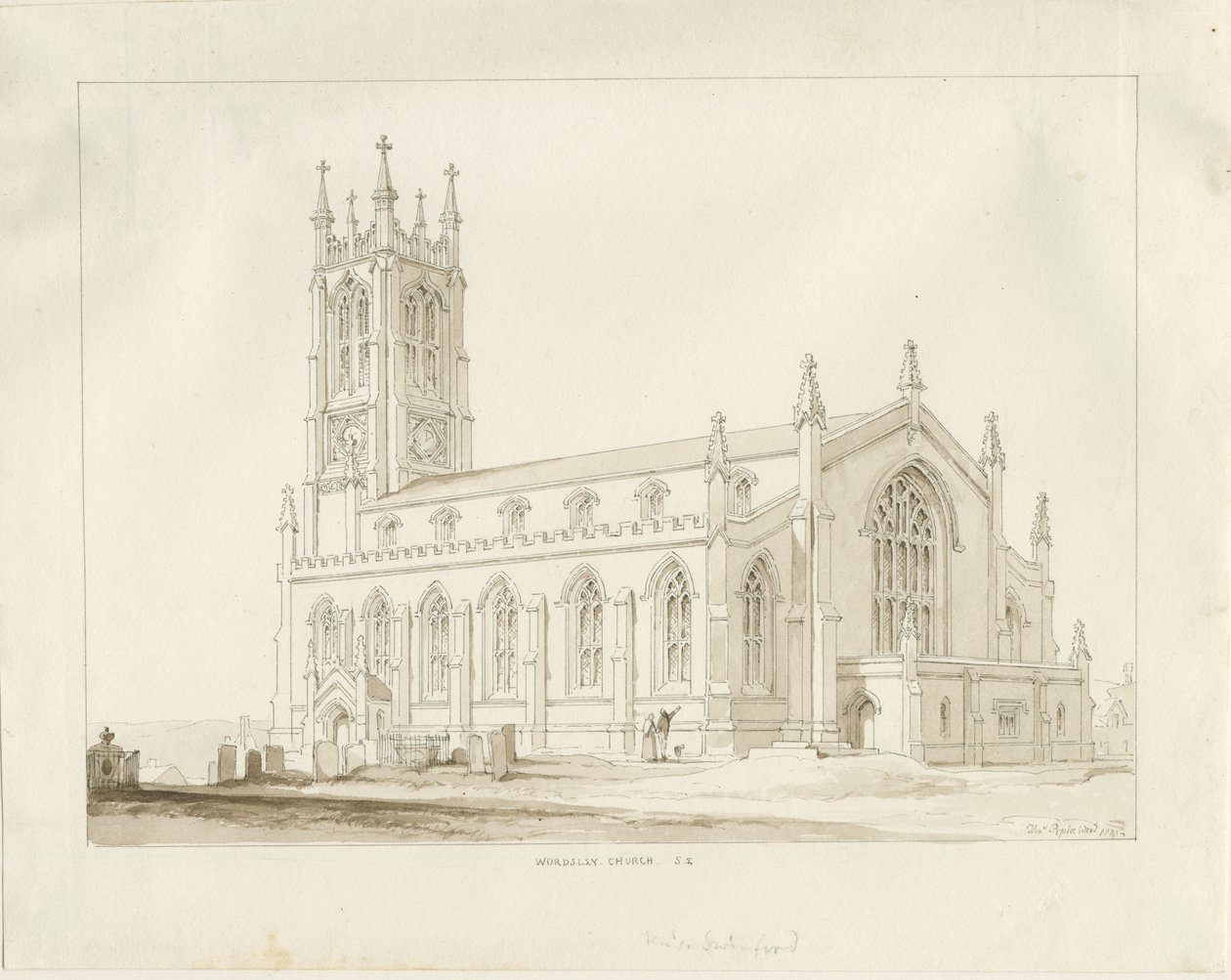 Igreja Wordsley: desenho sépia de Thomas Peploe Wood