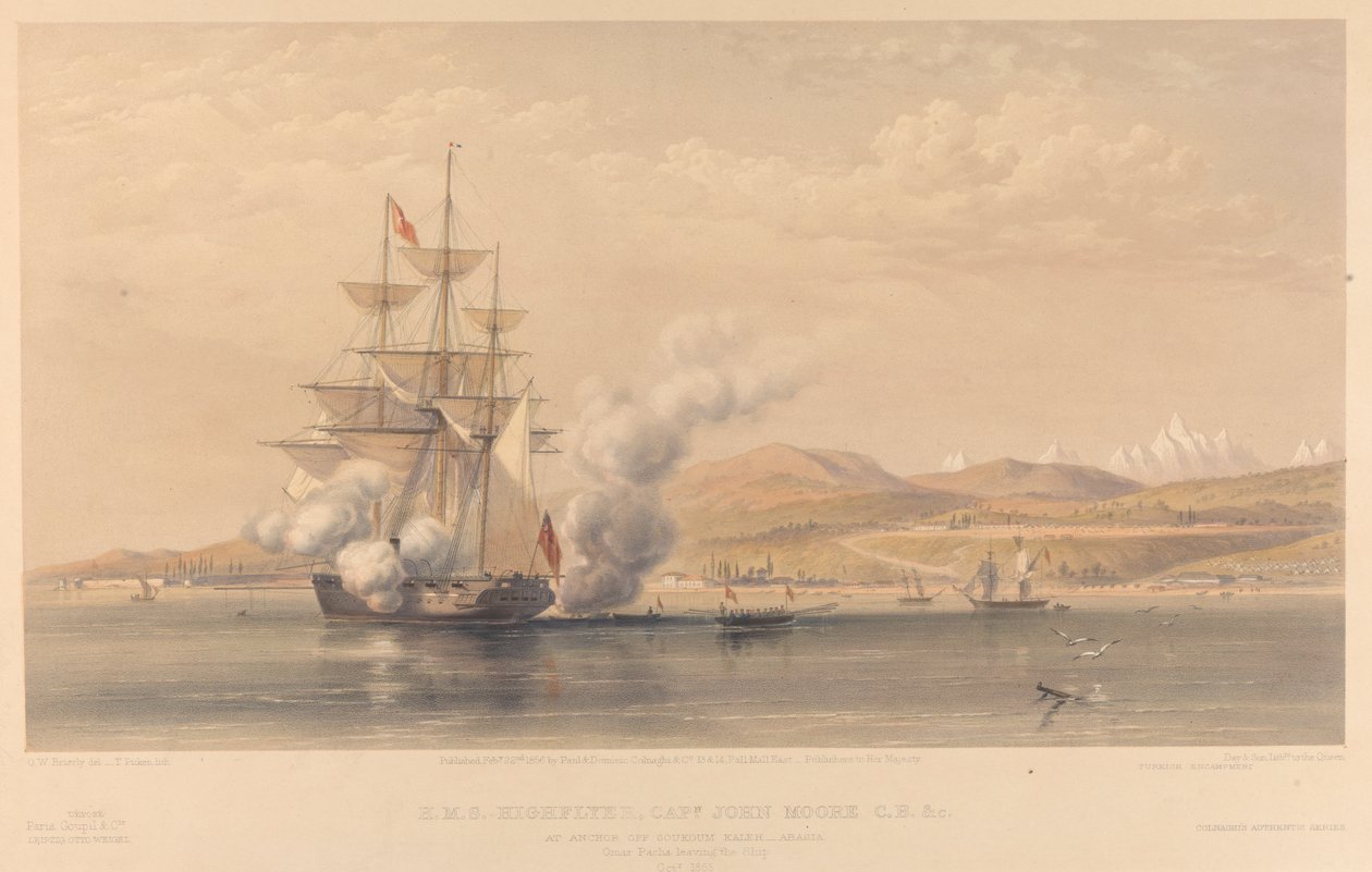 H.M.S. Highflyer Capitão John Moore C.B. c. ancorado ao largo de Soukoum Kaleh-Abasia, Omar Pasha a deixar o navio, outubro de 1855 de Thomas Picken
