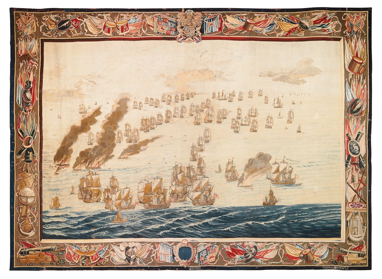 Tapeçaria histórica da Batalha de Solebay, Mortlake, desenhos atribuídos a William van de Velde, c.1688 de Thomas Poyntz