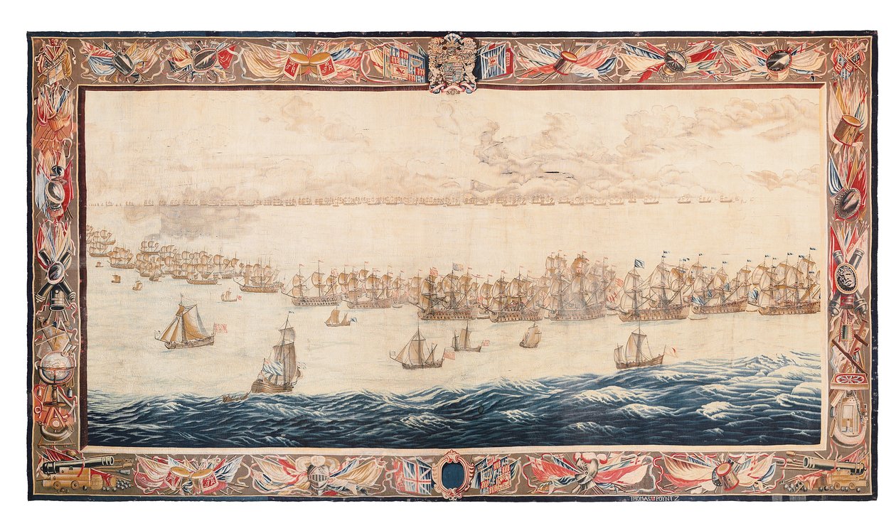 Tapeçaria histórica da Batalha de Solebay, Mortlake, desenhos atribuídos a William van de Velde, c.1688 de Thomas Poyntz