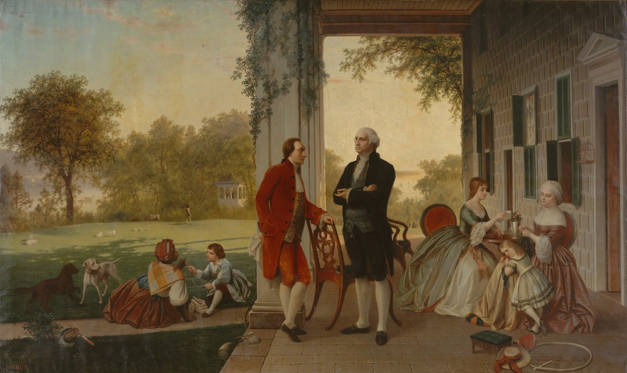 Washington e Lafayette em Mount Vernon, 1784 A Casa de Washington após a Guerra de 1859. de Thomas Pritchard Rossiter