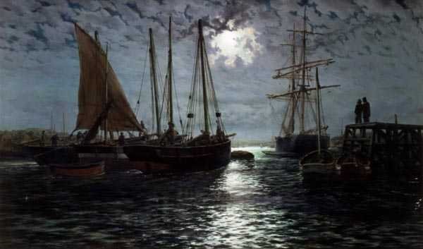 Um Porto iluminado pelo luar (óleo sobre tela) de Thomas Rose Miles