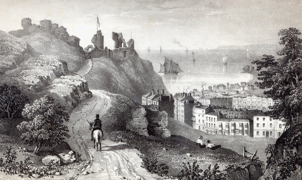 Castelo de Hastings da plantação do Revd W. Wallinger, gravada por R. Martin de Thomas Ross