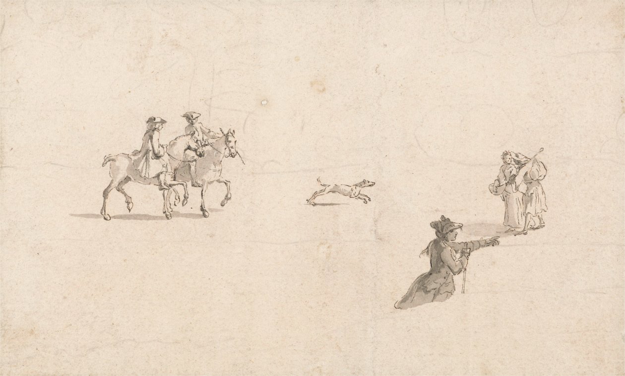 Cavaleiros, Figuras e um Cão (caneta e tinta no papel) de Thomas Ross
