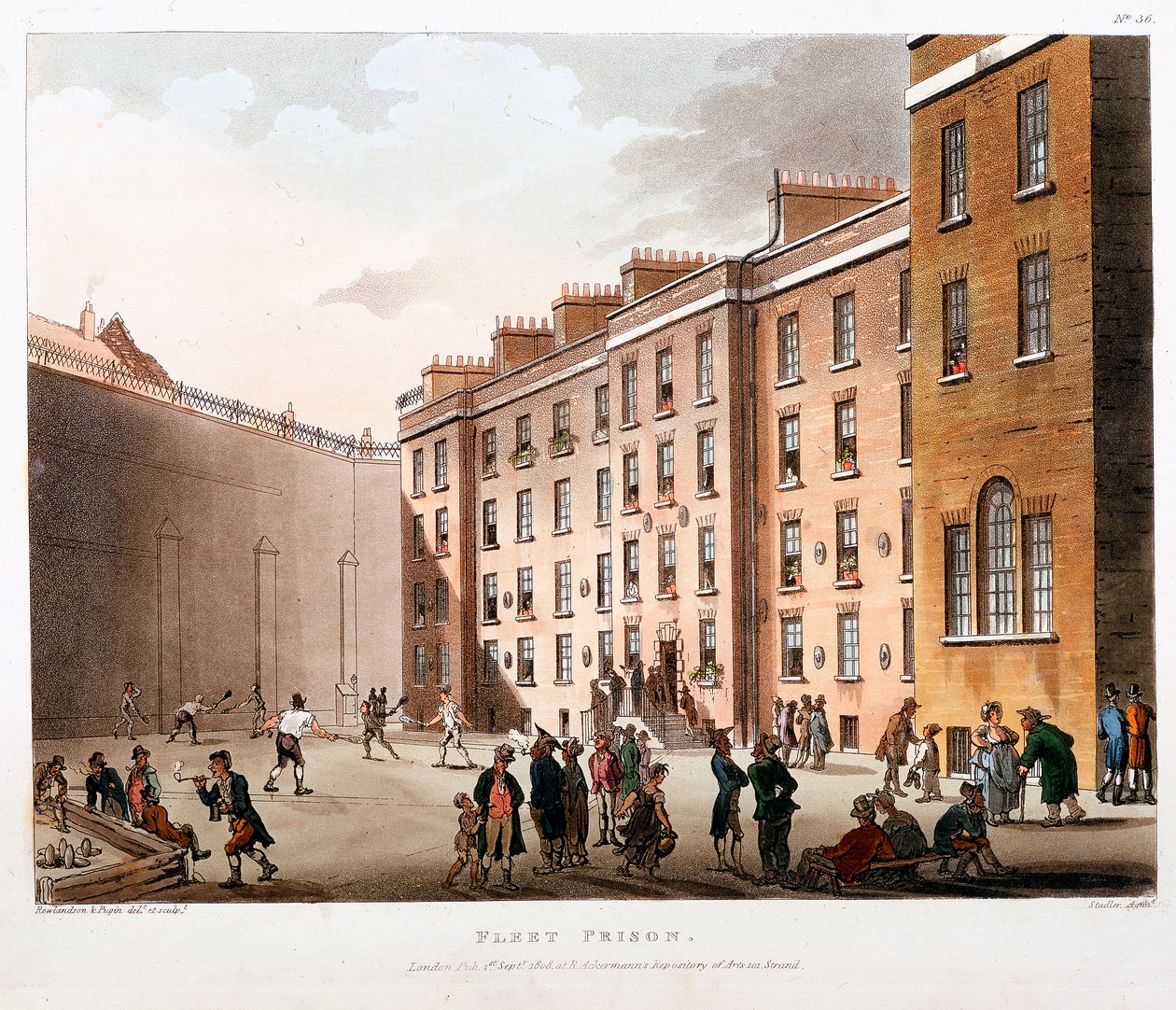 Pátio interno, Fleet Prison, Londres, 1808-1811 de Thomas Rowlandson, Augustus Charles Pugin