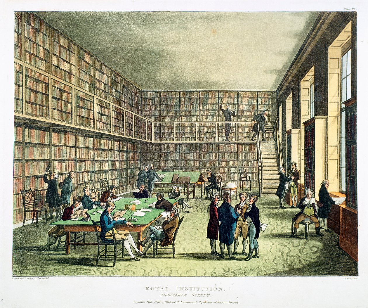 Biblioteca da Royal Institution, Albermarle Street, Londres, 1808-1811 de Thomas Rowlandson, Augustus Charles Pugin