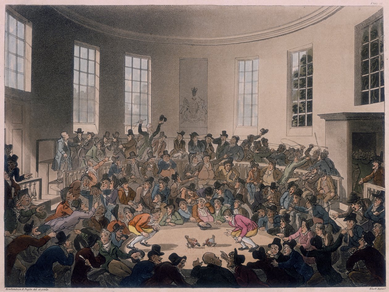 Homens assistindo a uma briga de galos, final do século 18 e início do século 19 de Thomas Rowlandson, Augustus Charles Pugin
