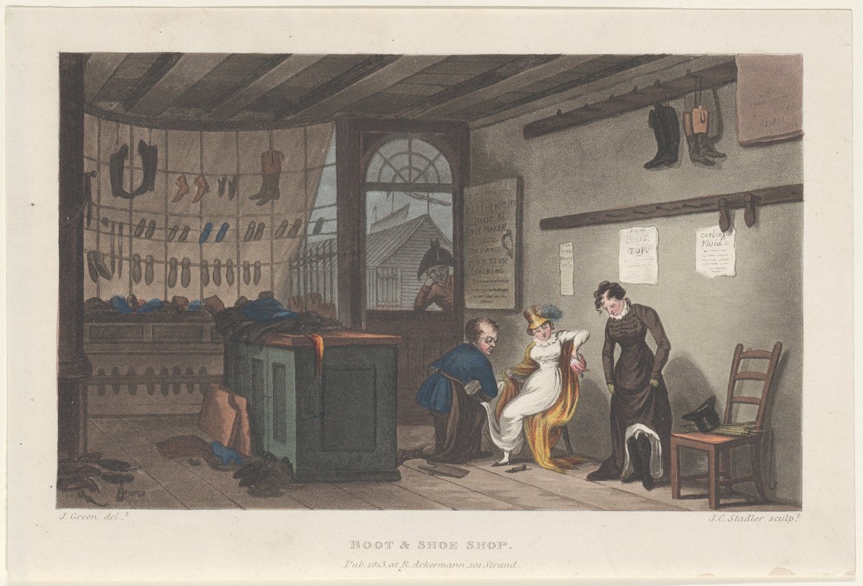 Boot & Shoe Shop, de Poetical Sketches of Scarborough, 1813., 1813. Criadores: Thomas Rowlandson, Joseph Constantine Stadler, J. Bluck. de Thomas Rowlandson, Joseph Constantine Stadler, J. Bluck